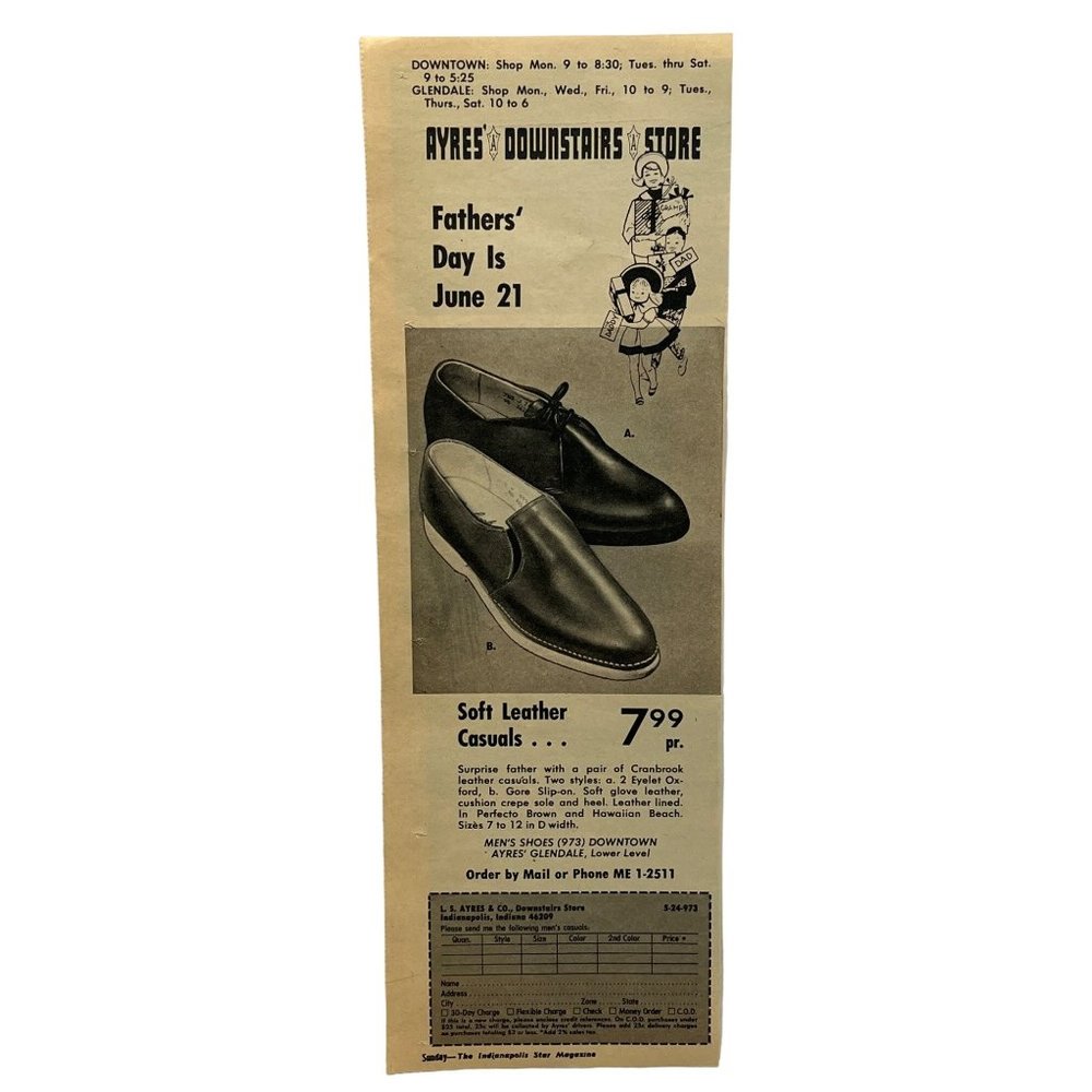 Ayres Downstairs Store Vintage Print Ad 1964 Mens Cranbrook Shoes Fathers Day